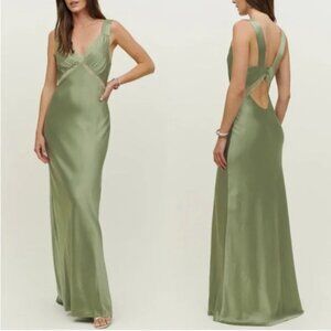 Reformation Chania 100% Silk Dress in Artichoke